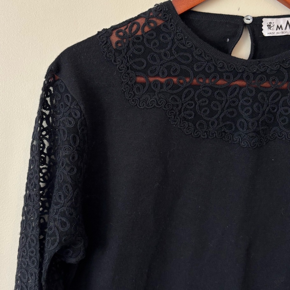 MMM Italian Made Wool Black Lace Long Sleeve  Women's Top Size 42